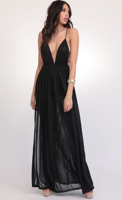 Picture Skylar Love Ties Maxi Dress in Black Shimmer. Source: https://media.lucyinthesky.com/data/Feb20_2/500xAUTO/781A0711.JPG