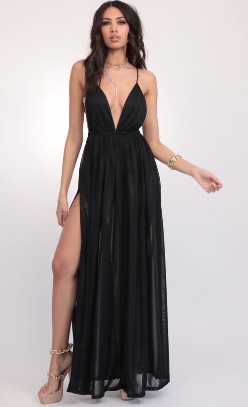 Picture Skylar Love Ties Maxi Dress in Black Shimmer. Source: https://media.lucyinthesky.com/data/Feb20_2/500xAUTO/781A0717.JPG