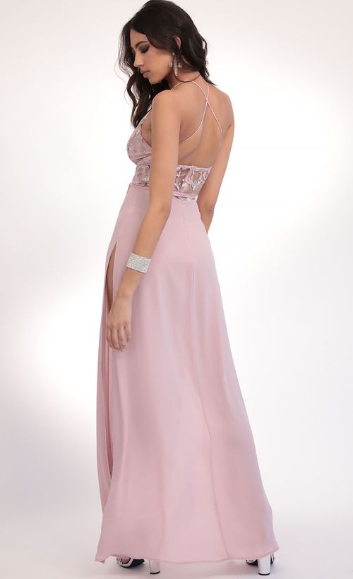 Picture Daniela Lace Plunge Maxi in Mauve Silver. Source: https://media.lucyinthesky.com/data/Feb20_2/500xAUTO/781A4618.JPG