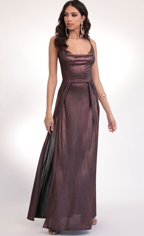 Picture Dion Metallic Maxi Dress in Deep Mauve. Source: https://media.lucyinthesky.com/data/Feb20_2/500xAUTO/781A5041.JPG