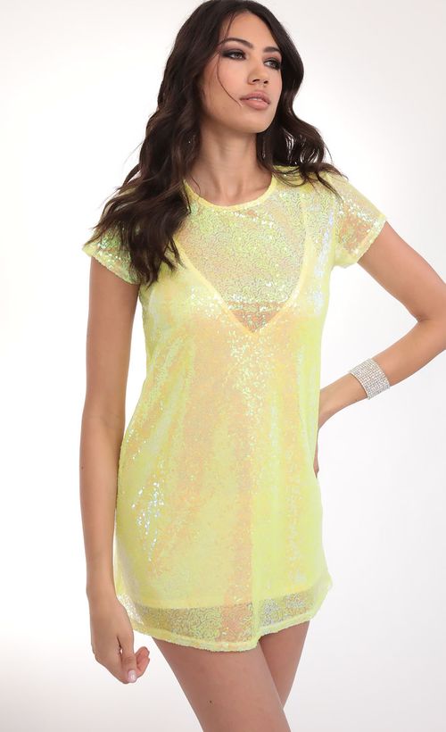 Picture Party Sequin Shift Dress in Yellow Iridescence. Source: https://media.lucyinthesky.com/data/Feb20_2/500xAUTO/781A5218.JPG