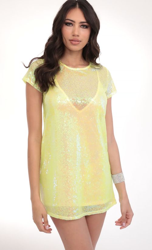 Picture Party Sequin Shift Dress in Yellow Iridescence. Source: https://media.lucyinthesky.com/data/Feb20_2/500xAUTO/781A5237.JPG