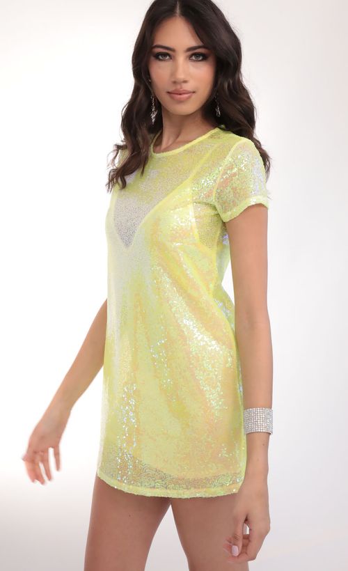 Picture Party Sequin Shift Dress in Yellow Iridescence. Source: https://media.lucyinthesky.com/data/Feb20_2/500xAUTO/781A5253.JPG