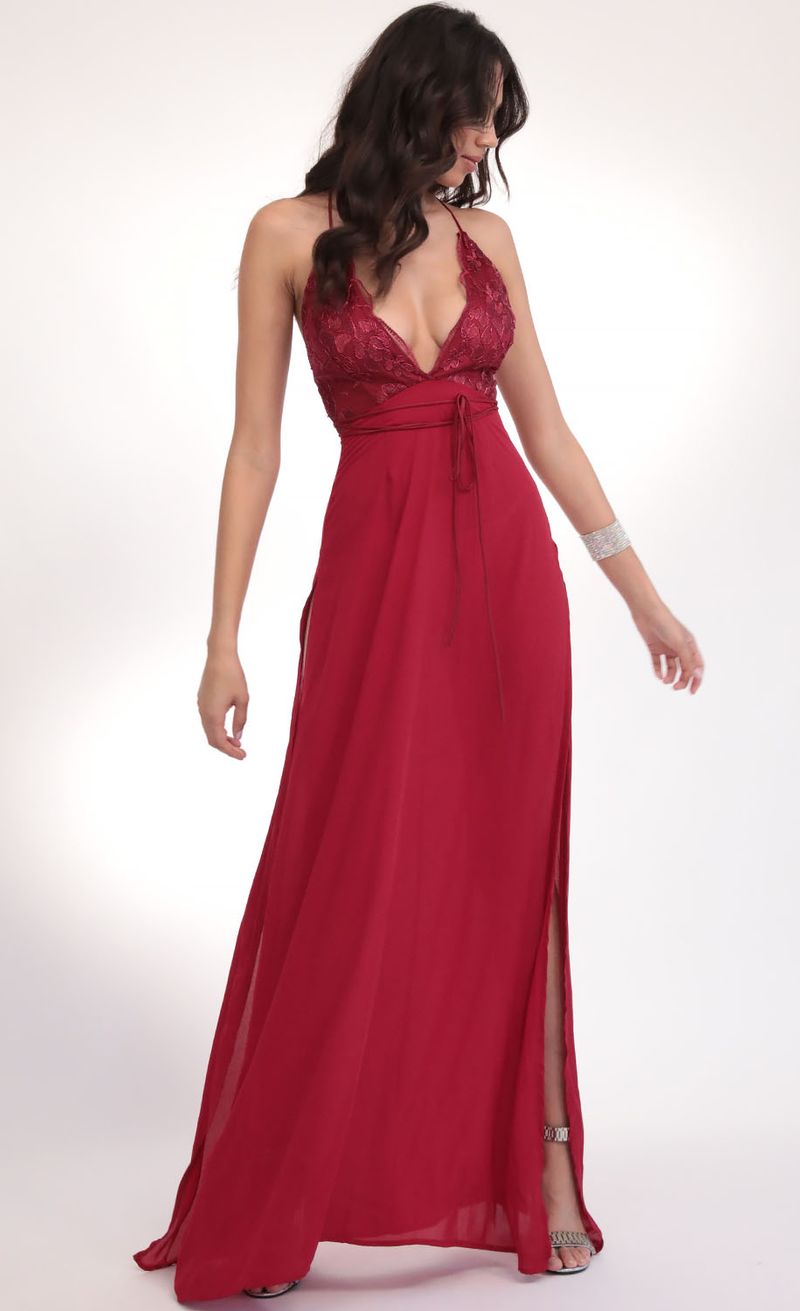 Picture Daniela Floral Lace Plunge Maxi in Merlot. Source: https://media.lucyinthesky.com/data/Feb20_2/800xAUTO/781A4644.JPG