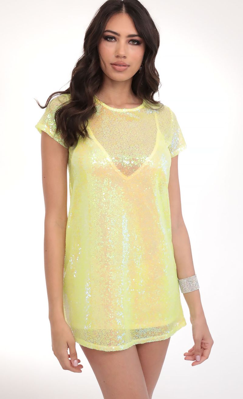 Picture Party Sequin Shift Dress in Yellow Iridescence. Source: https://media.lucyinthesky.com/data/Feb20_2/800xAUTO/781A5237.JPG