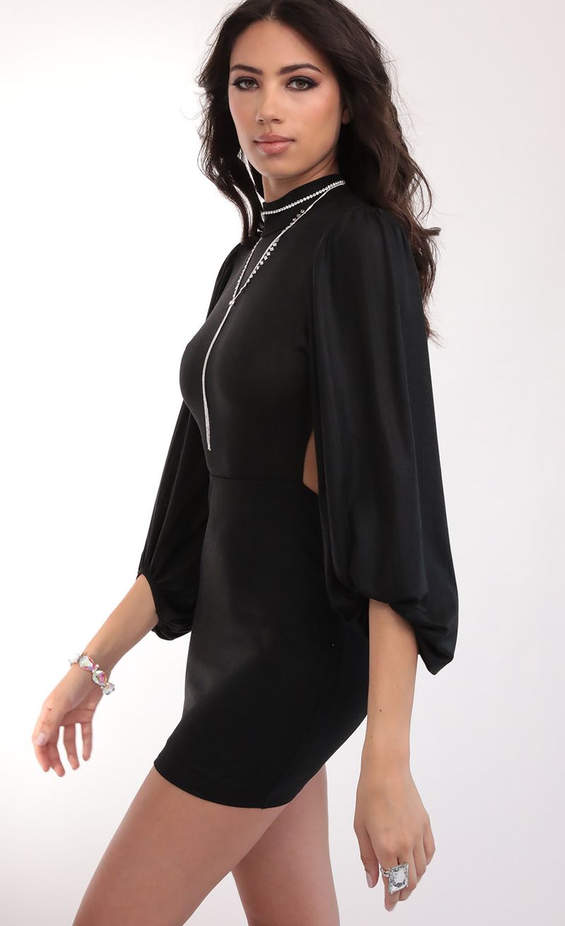 Picture Halter Balloon Sleeve Dress in Matte Black. Source: https://media.lucyinthesky.com/data/Feb20_2/800xAUTO/781A5993.JPG