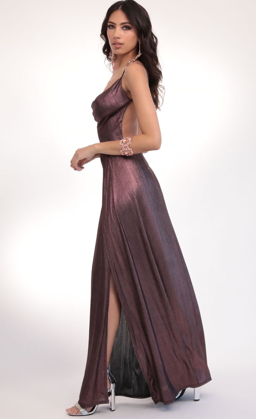 Picture Dion Metallic Maxi Dress in Deep Mauve. Source: https://media.lucyinthesky.com/data/Feb20_2/850xAUTO/781A5094.JPG