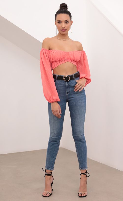 Picture Sadie Off The Shoulder Top in Dotted Coral. Source: https://media.lucyinthesky.com/data/Feb21_1/500xAUTO/1V9A5511.JPG