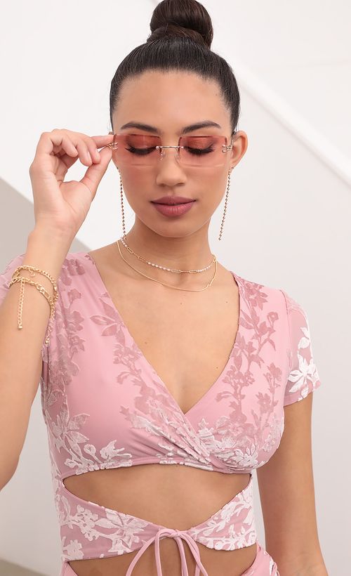Picture Gemma Tie Cutout Ruffle And Ruched Dress in Pink. Source: https://media.lucyinthesky.com/data/Feb21_1/500xAUTO/1V9A6666.JPG