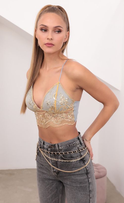 Picture Haven Lace Crop Top in Dusty Blue and Gold. Source: https://media.lucyinthesky.com/data/Feb21_2/500xAUTO/1V9A0667.JPG