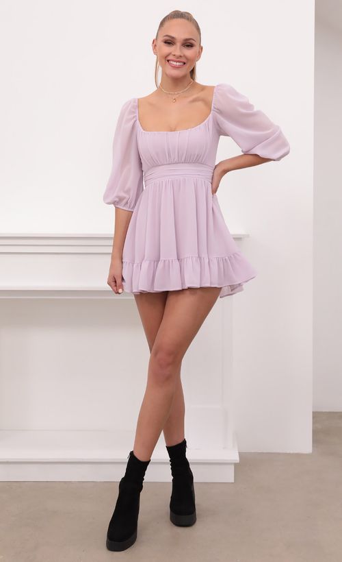 Picture Neia Ruffle Dress in Lavender Chiffon. Source: https://media.lucyinthesky.com/data/Feb21_2/500xAUTO/1V9A3918.JPG