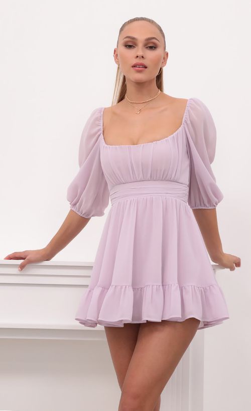 Picture Neia Ruffle Dress in Lavender Chiffon. Source: https://media.lucyinthesky.com/data/Feb21_2/500xAUTO/1V9A4022.JPG