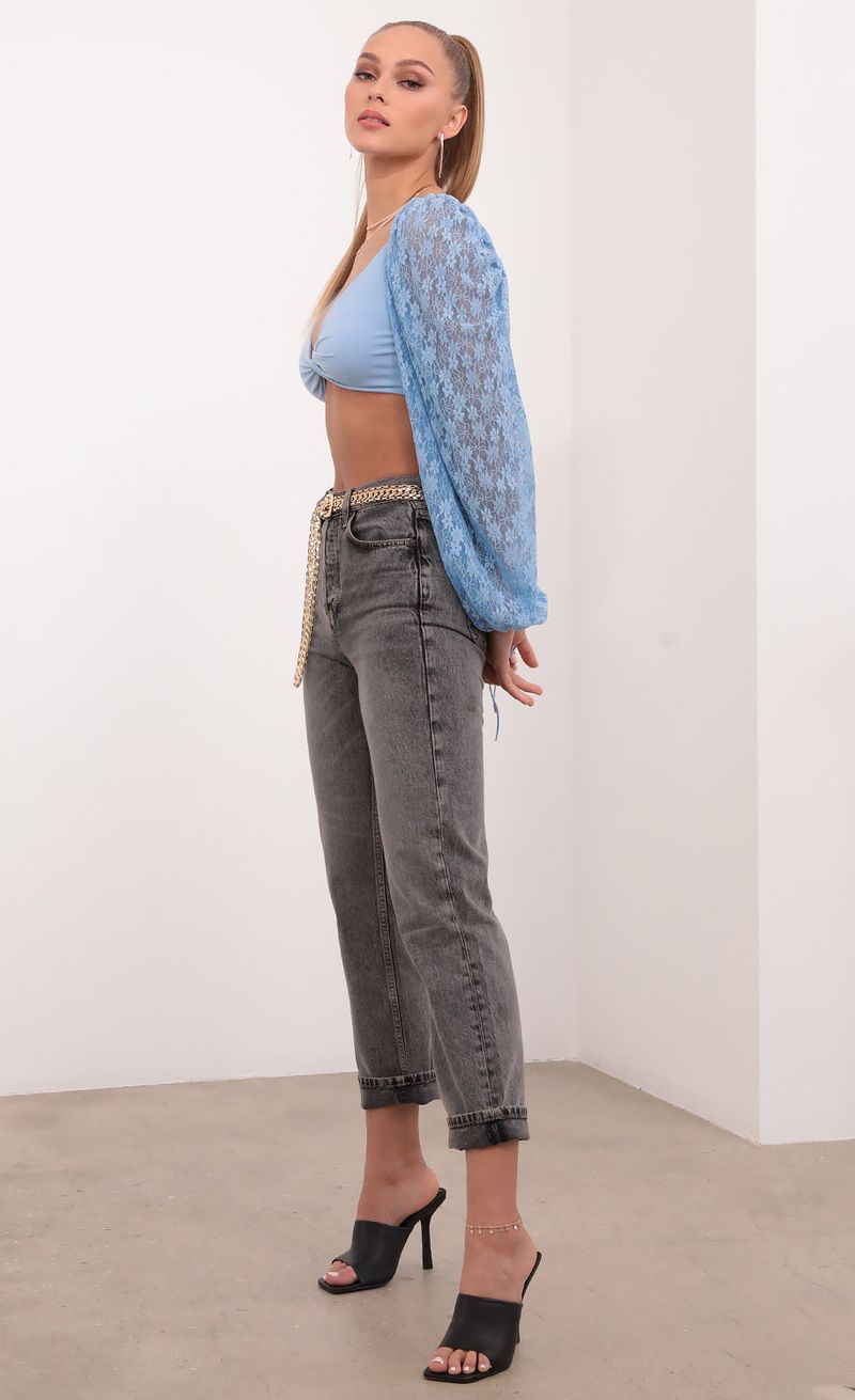 Picture Delaney Lace Puff Sleeve Crop Top in Sky Blue. Source: https://media.lucyinthesky.com/data/Feb21_2/800xAUTO/1V9A0257.JPG