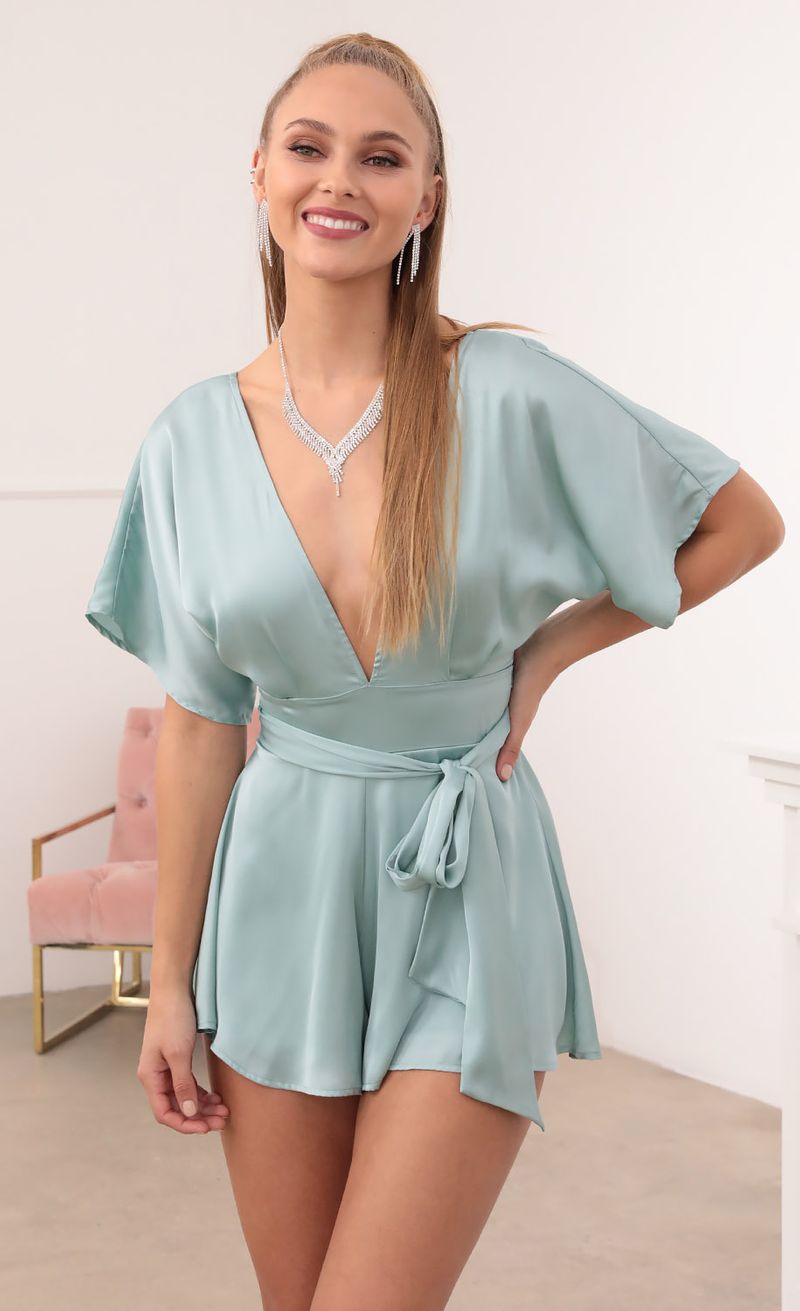 Picture Feeling The Night Satin Romper in Teal. Source: https://media.lucyinthesky.com/data/Feb21_2/800xAUTO/1V9A45571.JPG