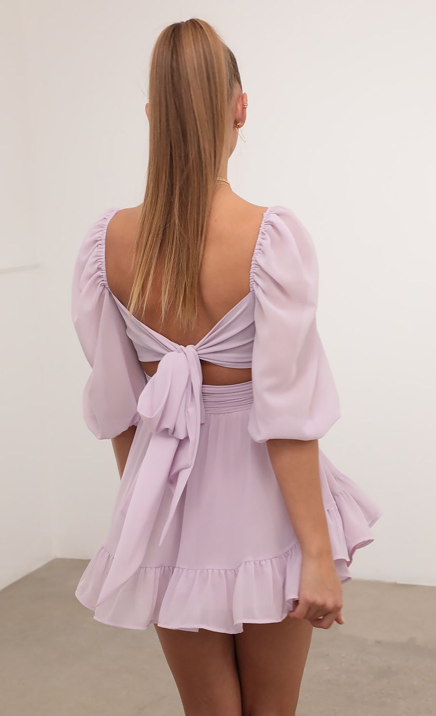 Picture Neia Ruffle Dress in Lavender Chiffon. Source: https://media.lucyinthesky.com/data/Feb21_2/850xAUTO/AT2A2681.JPG