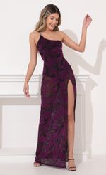 Picture Elisabeth One Shoulder Velvet Maxi in Purple. Source: https://media.lucyinthesky.com/data/Feb22_1/150xAUTO/1V9A2538.JPG