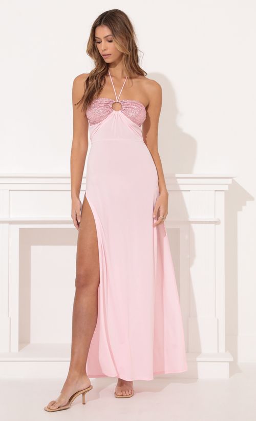 Picture Milly Halter Maxi Dress in Pink. Source: https://media.lucyinthesky.com/data/Feb22_1/500xAUTO/1V9A5924.JPG