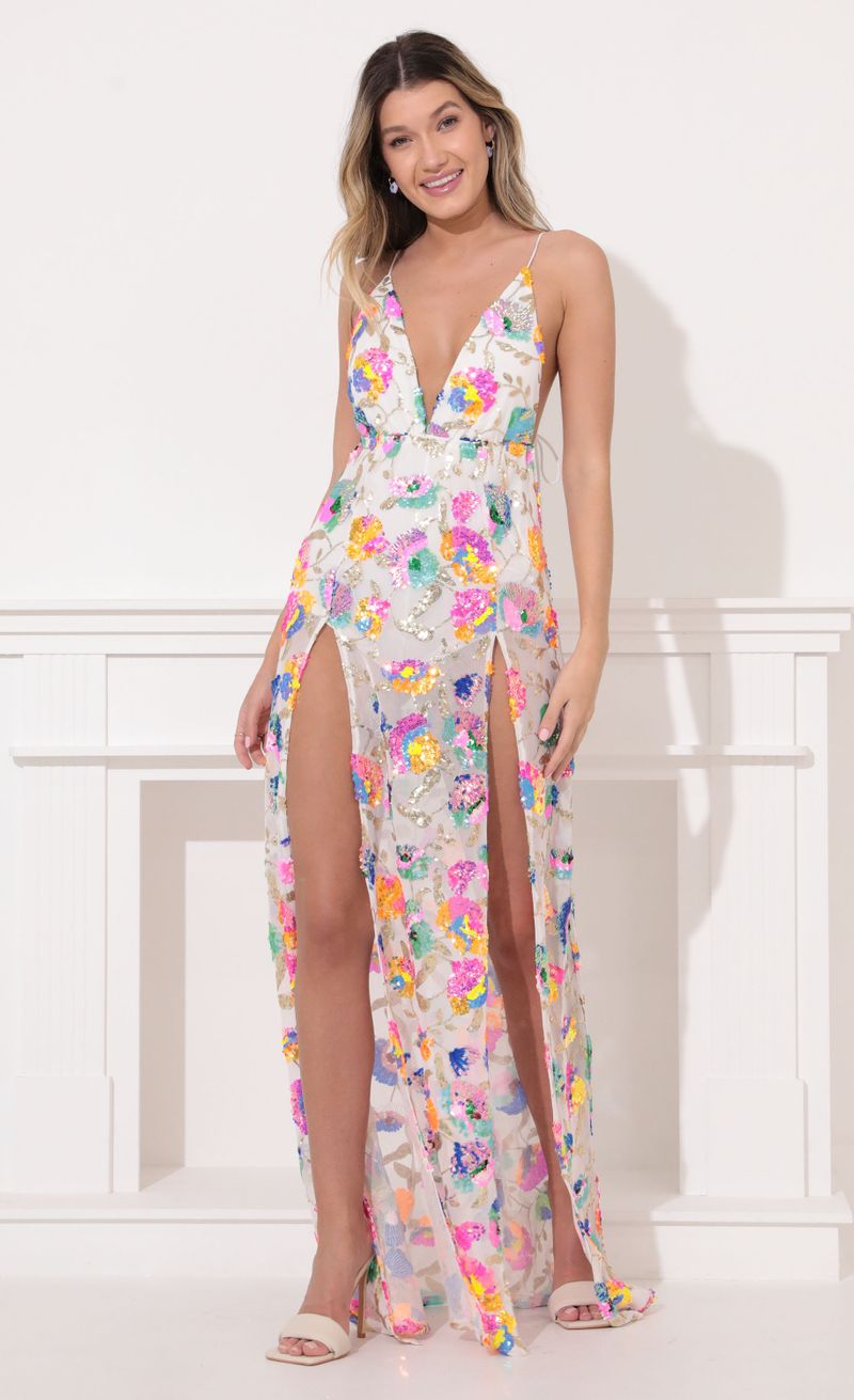Picture Skylar Sequin Maxi Dress in White Multicolor. Source: https://media.lucyinthesky.com/data/Feb22_1/800xAUTO/1V9A5873.JPG