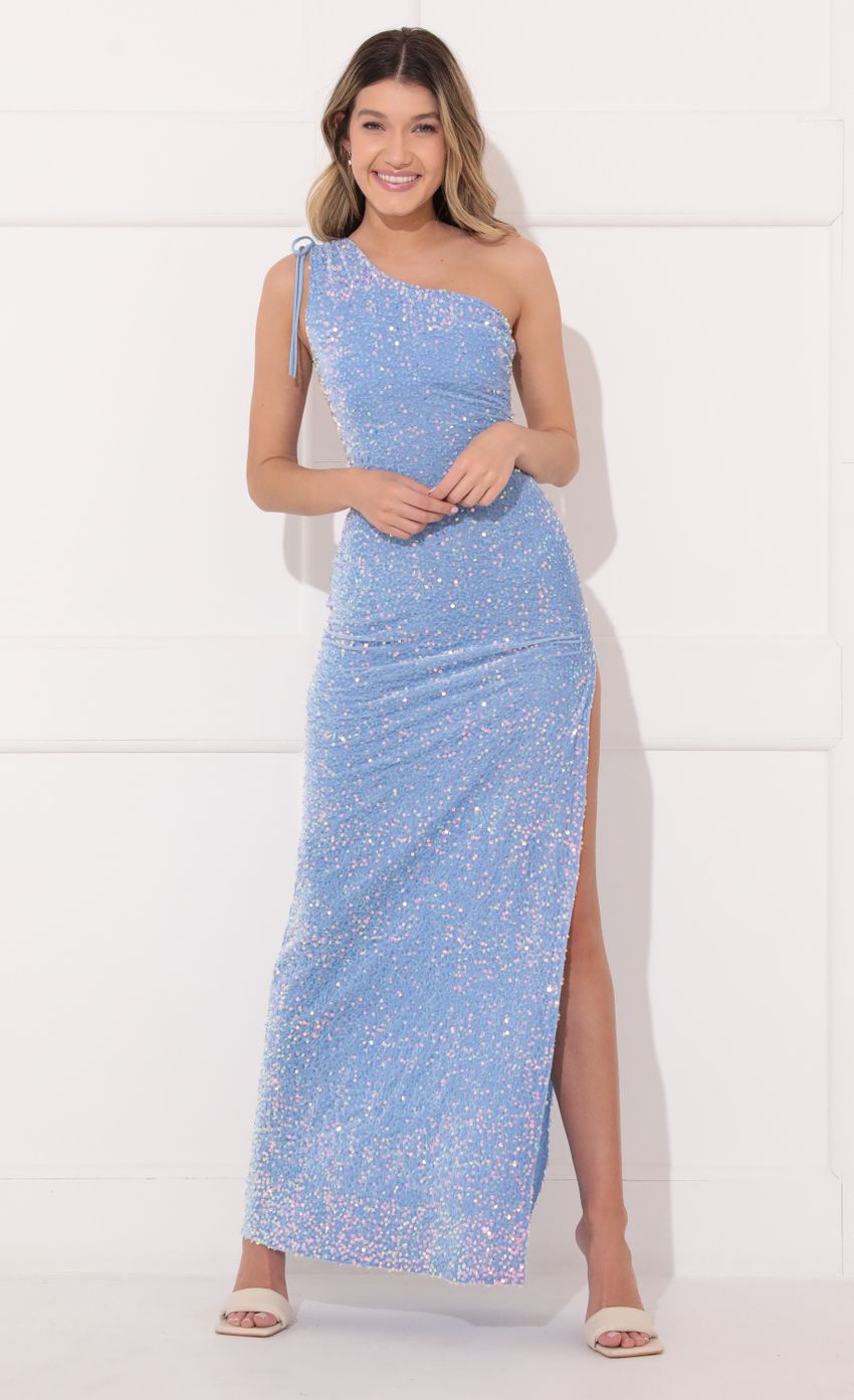 Picture Oliviara One Shoulder Sequin Maxi Dress In Baby Blue. Source: https://media.lucyinthesky.com/data/Feb22_1/850xAUTO/1V9A3958.JPG