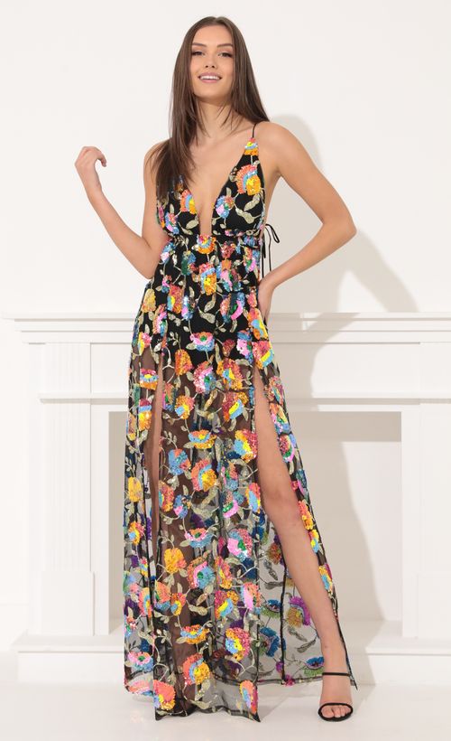 Picture Skylar Sequin Maxi Dress in Black Multicolor. Source: https://media.lucyinthesky.com/data/Feb22_2/500xAUTO/1V9A7362.JPG