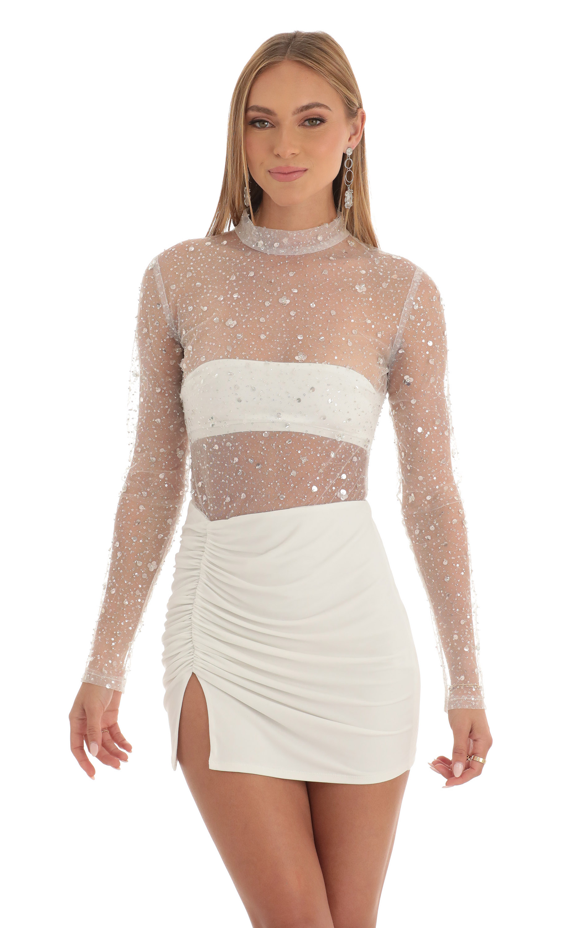 Helia Glitter Sheer Dress in White