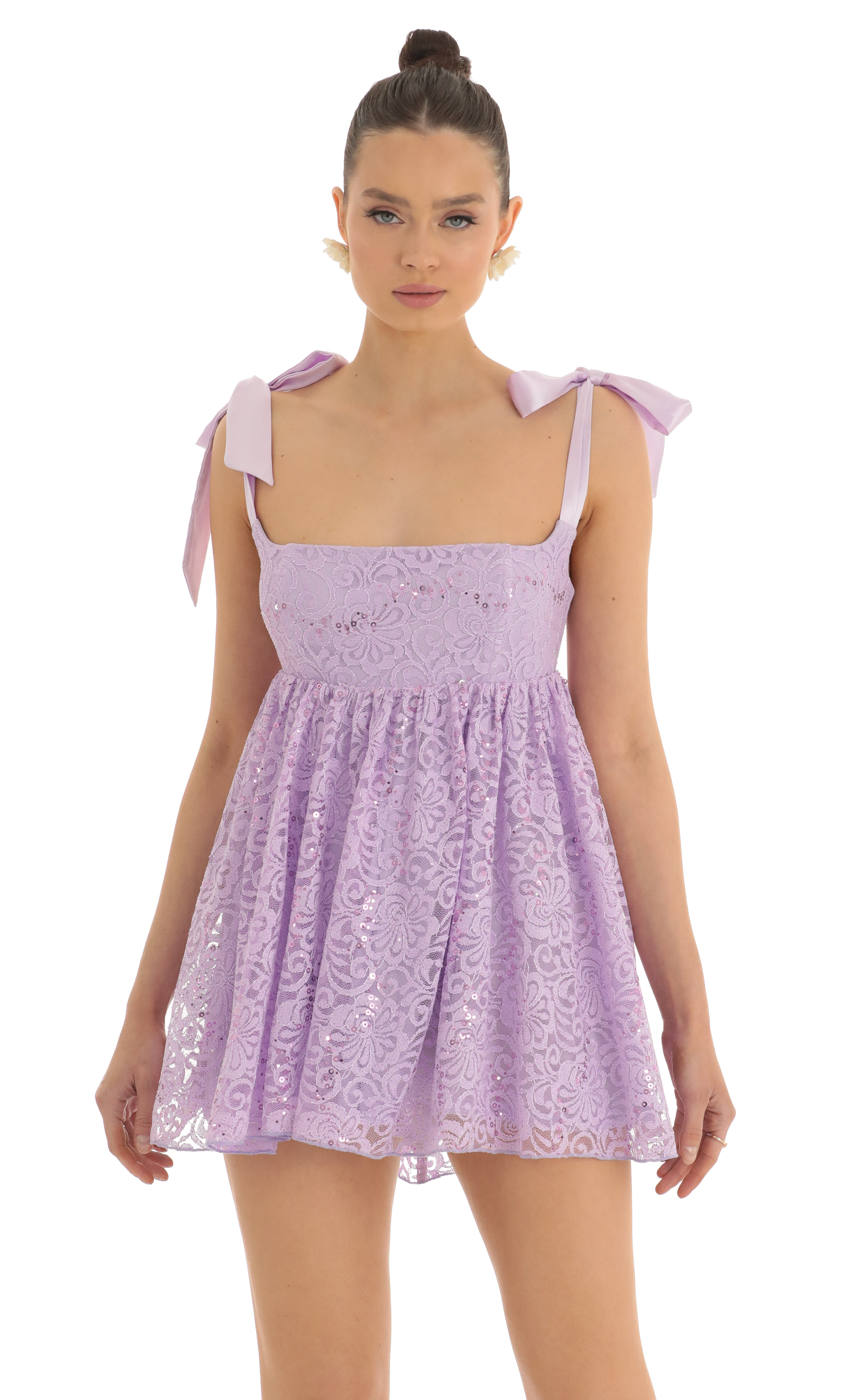 Desiree Sequin Lace Baby Doll Dress in Purple