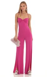 Picture Haltia Ruched Sweetheart Bust Slit Jumpsuit in Fuchsia. Source: https://media.lucyinthesky.com/data/Feb23/150xAUTO/1f75e39c-2189-4c1b-9db2-fc1a633e4496.jpg