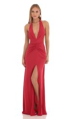 Picture Nubia Shimmer Front Slit Open Back Maxi Dress in Red. Source: https://media.lucyinthesky.com/data/Feb23/150xAUTO/50d7ed11-9b93-4e24-a2bd-bbeb711c192a.jpg