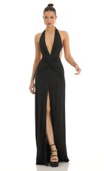 Picture Nubia Shimmer Front Slit Open Back Maxi Dress in Green. Source: https://media.lucyinthesky.com/data/Feb23/150xAUTO/5516796a-a420-4e62-9e6d-c1888578d695.jpg