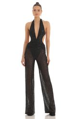 Picture Saga Plunge Halter Jumpsuit in Black. Source: https://media.lucyinthesky.com/data/Feb23/150xAUTO/86cd3daa-5cc7-4033-a609-47a679785437.jpg