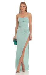 Picture Missy Satin Draped High Slit Maxi Dress in Mint Green. Source: https://media.lucyinthesky.com/data/Feb23/150xAUTO/9cd11f12-0e4e-4056-a20c-c5b5d8b95ff6.jpg