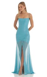 Picture Poppie Glitter Mesh Illusion Maxi Dress in Blue. Source: https://media.lucyinthesky.com/data/Feb23/150xAUTO/add7634b-37f6-444e-8294-ae3cb18634da.jpg