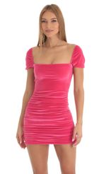 Picture Emaline Velvet Bodycon Dress in Hot Pink. Source: https://media.lucyinthesky.com/data/Feb23/150xAUTO/d6083b2b-10c4-4445-8307-956096eadfa0.jpg