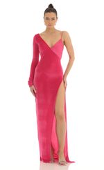 Picture Tomia Asymmetrical Velvet Maxi Dress in Pink. Source: https://media.lucyinthesky.com/data/Feb23/150xAUTO/e50f8d02-c957-4745-bcb4-375cfb3785c9.jpg