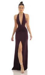 Picture Nubia Front Slit Open Back Maxi Dress in Purple. Source: https://media.lucyinthesky.com/data/Feb23/150xAUTO/f288afbb-b77e-4a36-9be4-9a044b0ad662.jpg