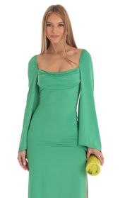 Picture thumb Jazlyn Glitter Flare Sleeve Midi Dress in Green. Source: https://media.lucyinthesky.com/data/Feb23/170xAUTO/0e5a0ccf-f54d-4e5c-b269-23d3f4cd55e0.jpg