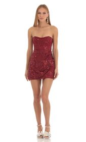 Picture thumb Garnet Shimmer Lace Strapless Wrap Dress in Maroon. Source: https://media.lucyinthesky.com/data/Feb23/170xAUTO/4aee5ac6-8650-4da1-9a68-2033b0b450b7.jpg