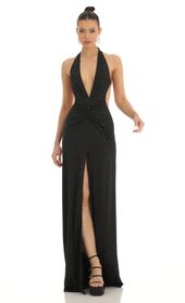 Picture thumb Nubia Shimmer Front Slit Open Back Maxi Dress in Black. Source: https://media.lucyinthesky.com/data/Feb23/170xAUTO/5516796a-a420-4e62-9e6d-c1888578d695.jpg