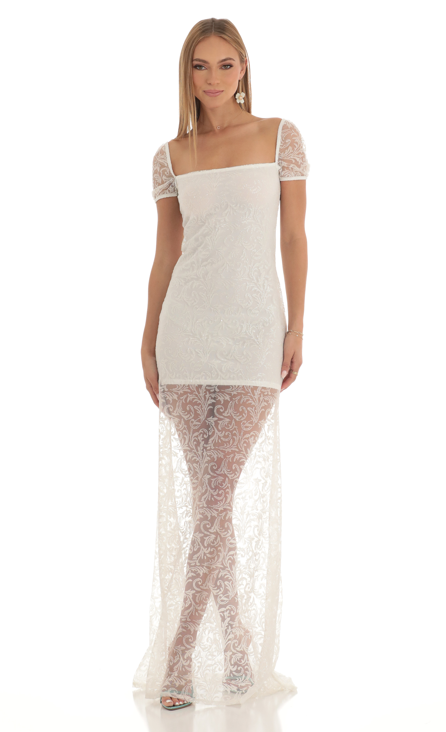 Clarita Glitter Short Sleeve Maxi Dress in White