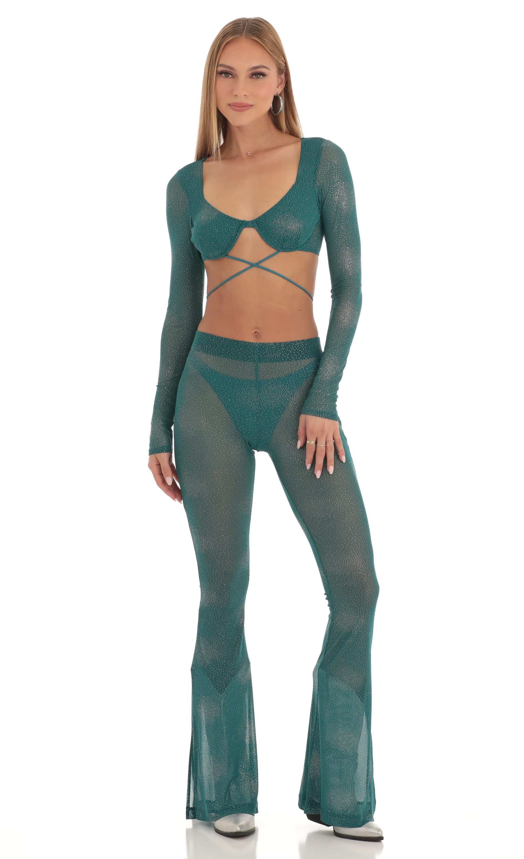 Theresa Foil Three Piece Pant Set in Teal