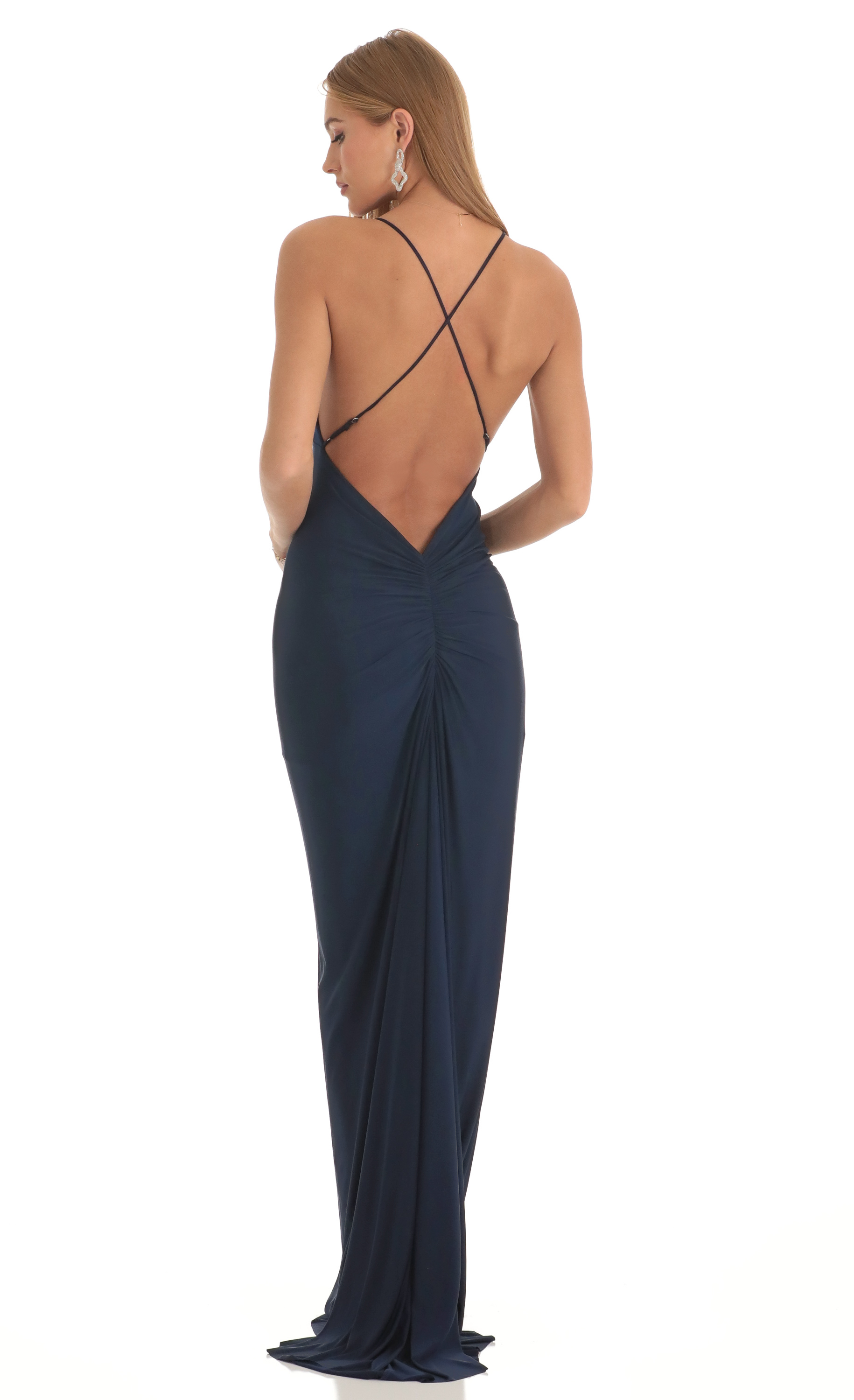 Ladie Gathered Cross Back Maxi Dress in Navy