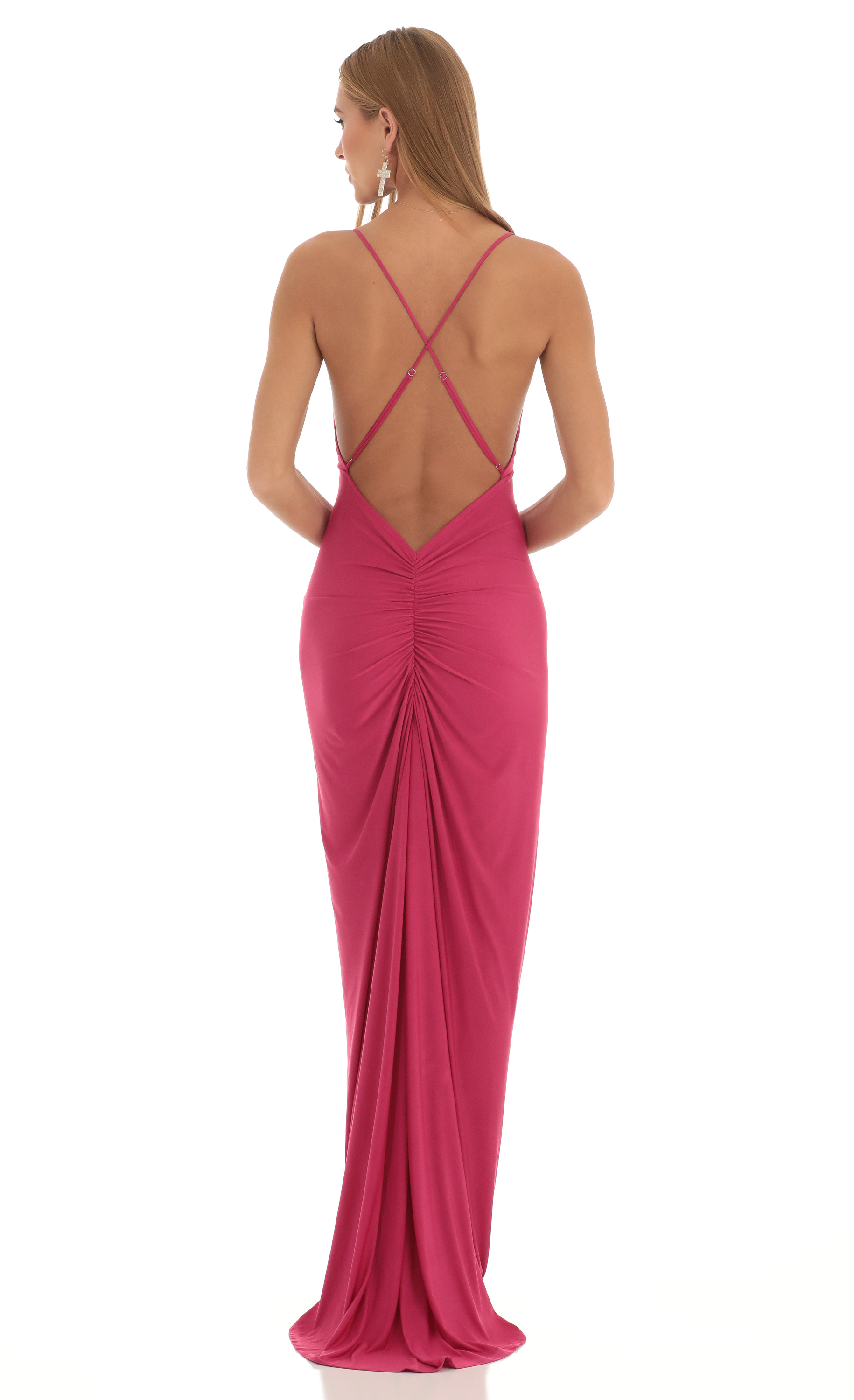 Ladie Gathered Cross Back Maxi Dress in Hot Pink