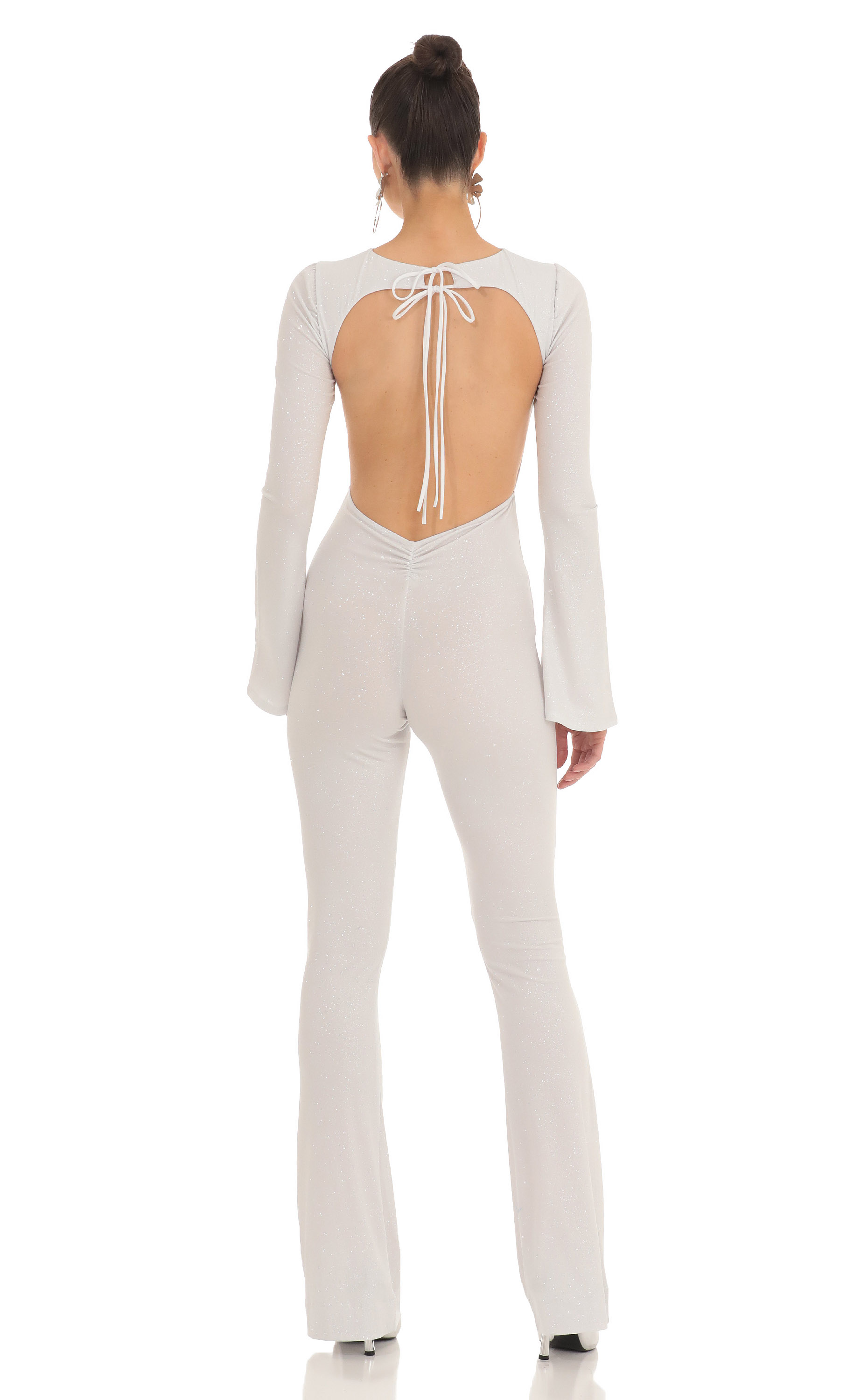 Kim Silver Shimmer Open Back Jumpsuit in White