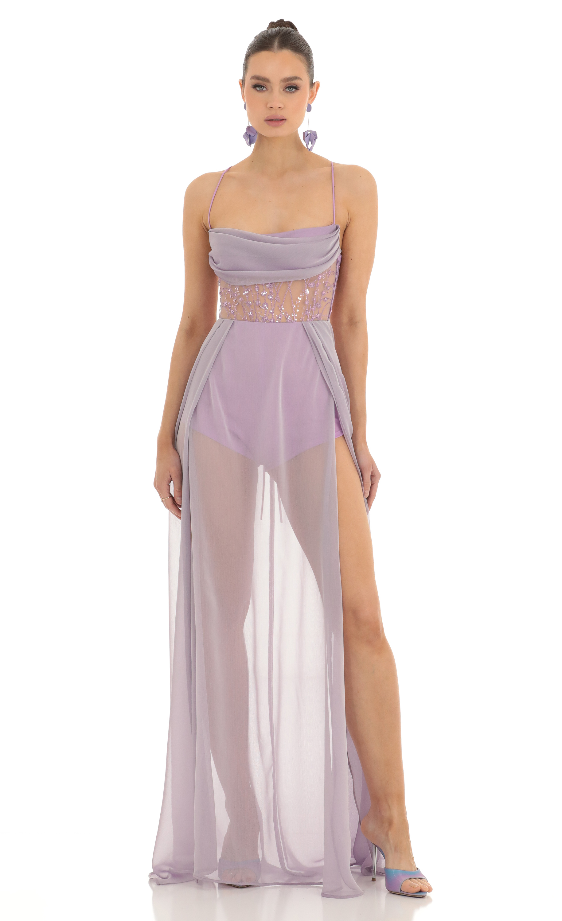 Jordana Chiffon Sheer Maxi Dress in Lavender