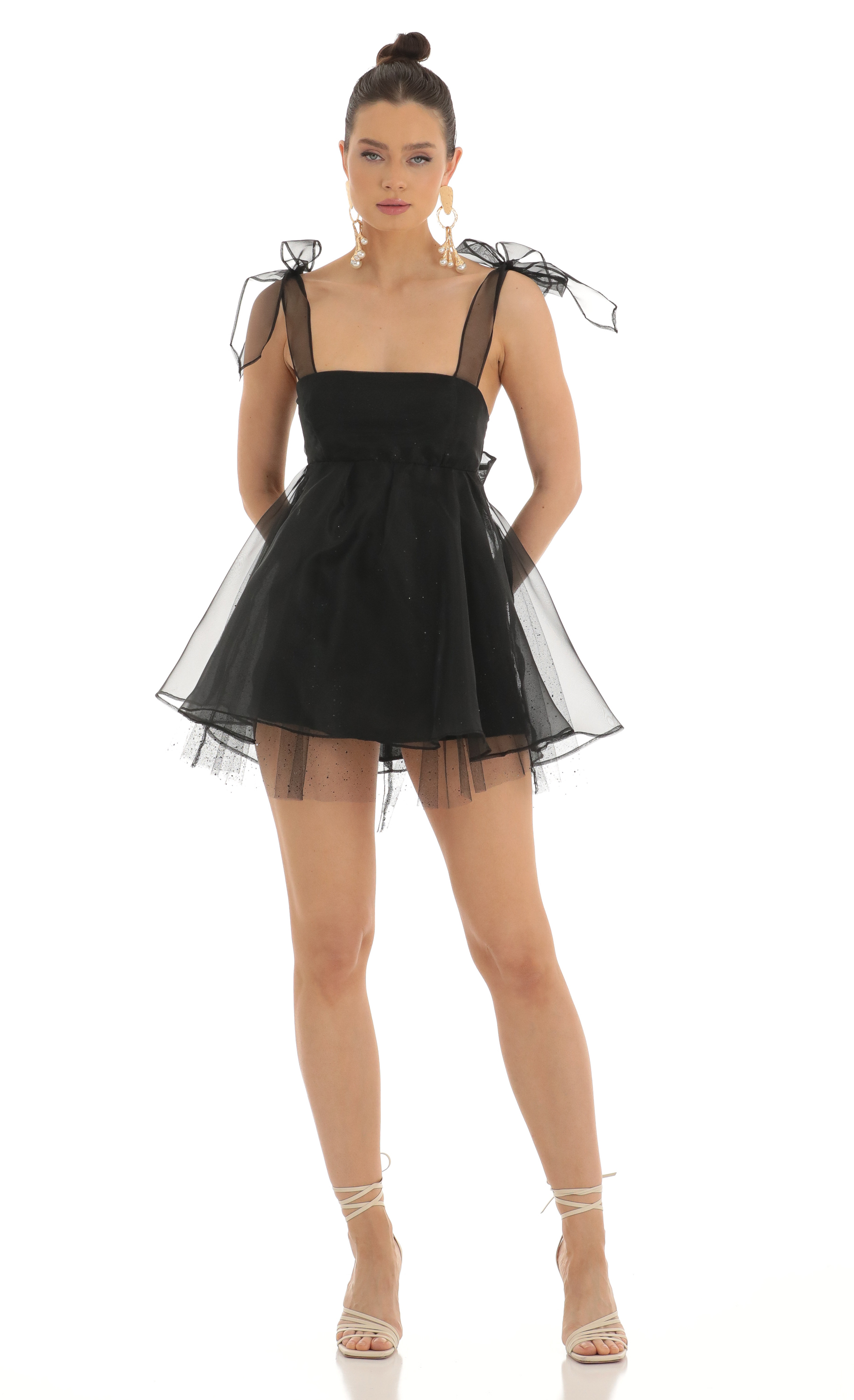 Saren Glitter Bow Baby Doll Dress in Black