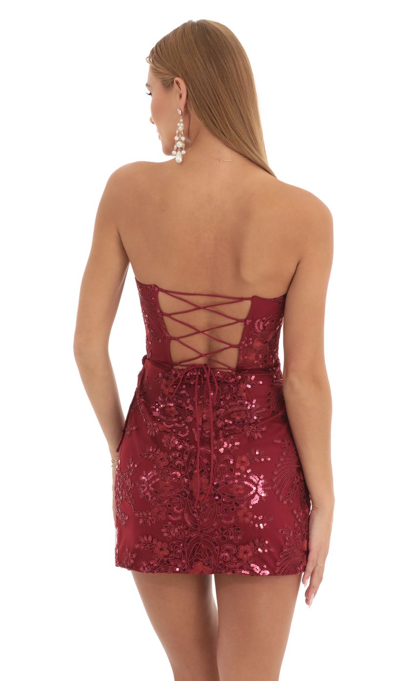 Picture Garnet Shimmer Lace Strapless Wrap Dress in Maroon. Source: https://media.lucyinthesky.com/data/Feb23/850xAUTO/032be63e-046c-43c9-b7de-85172959d56b.jpg