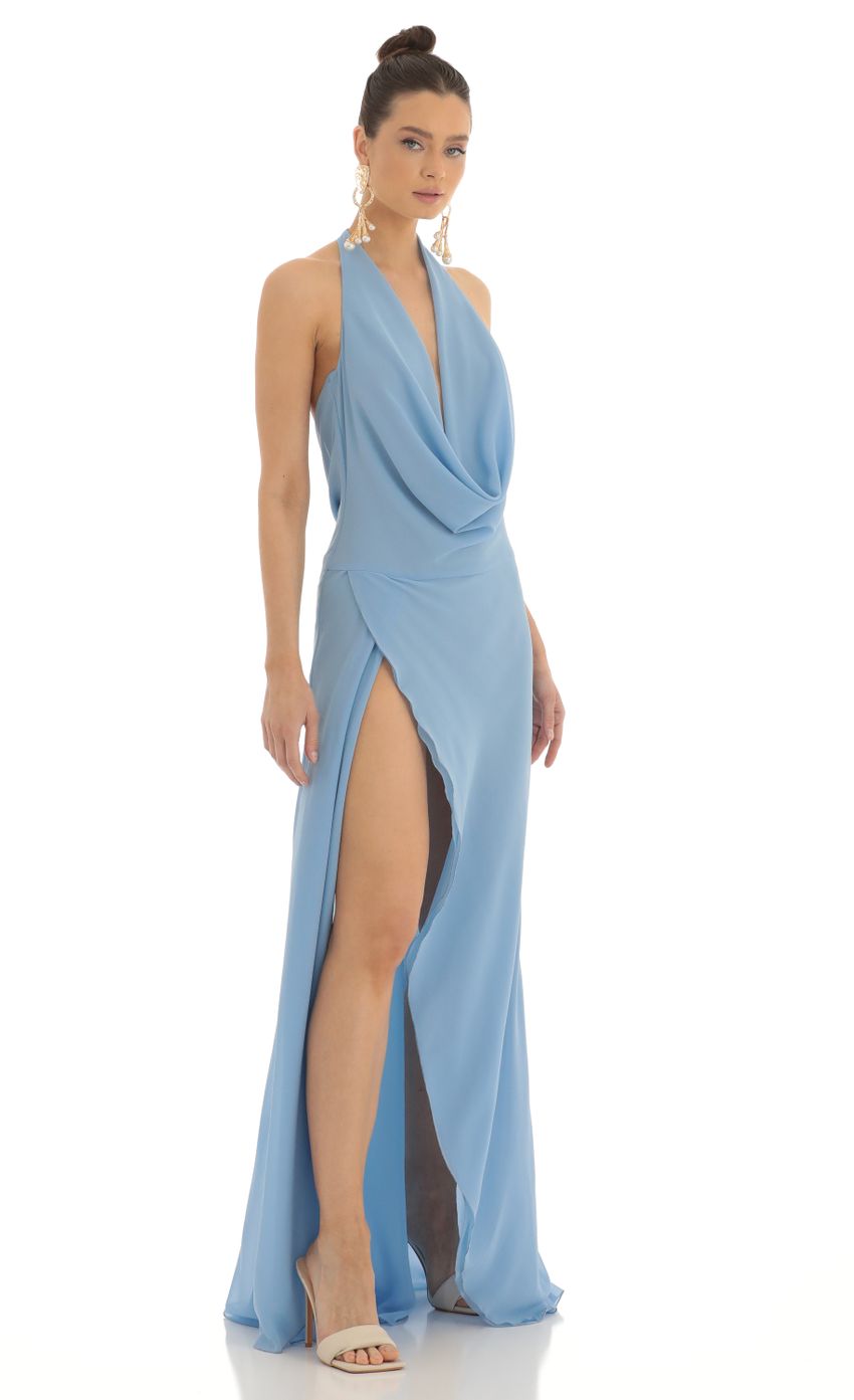 Picture Jina Draped Open Back Maxi Dress in Blue. Source: https://media.lucyinthesky.com/data/Feb23/850xAUTO/0b4b4975-2efc-4164-ac20-4545b29d828c.jpg