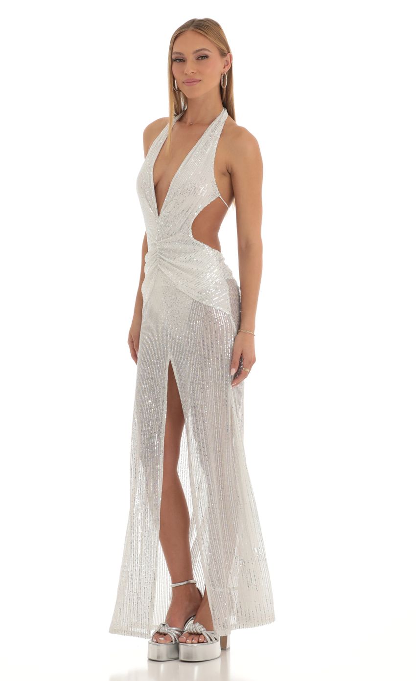 Picture Jaslyn Silver Sequin Halter Maxi Dress in White. Source: https://media.lucyinthesky.com/data/Feb23/850xAUTO/0f722453-3920-43b7-b892-4616a0dae70c.jpg