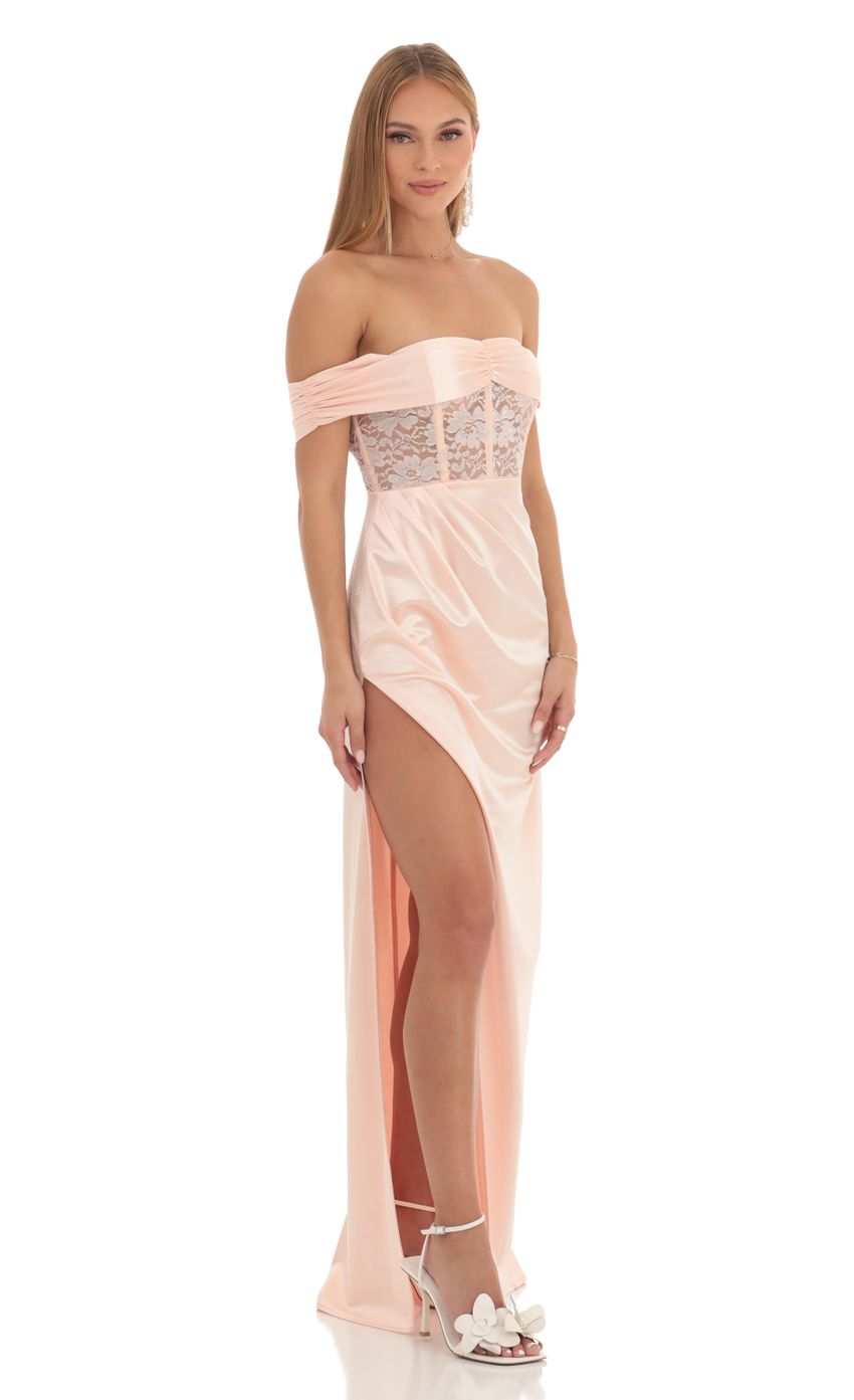 Picture Novara Satin Off Shoulder Lace Corset Dress in Peach. Source: https://media.lucyinthesky.com/data/Feb23/850xAUTO/1b791d17-381c-463d-bd88-531f40c094d1.jpg