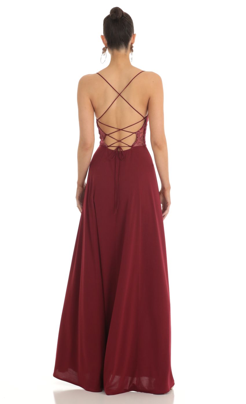 Picture Rayla Floral Waist Slit Maxi Dress in Dark Red. Source: https://media.lucyinthesky.com/data/Feb23/850xAUTO/279cdc57-1990-440f-bbc5-2e8493979c99.jpg